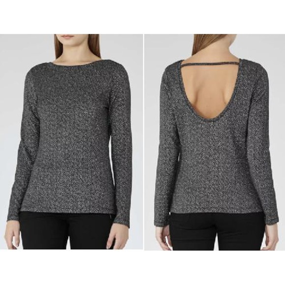 Reiss Long Sleeve Open Back Shimmer Top-Black-Multi Small - Picture 1 of 6